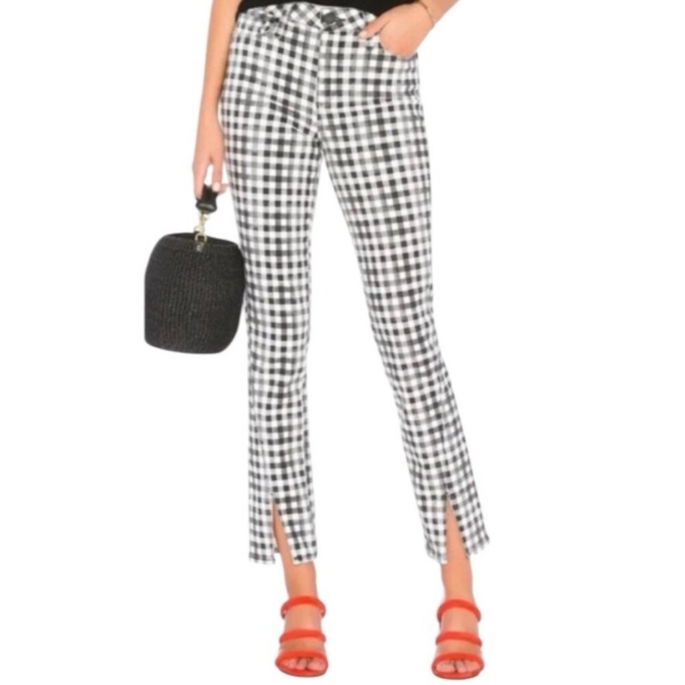 Paige Black & White Gingham Print Hoxton Straight Ankle Split Hem Pants Size 29